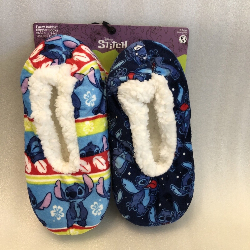 Disney Stitch 2-Pair Fuzzy Babba Slipper Socks Slippers Soft & Cozy Size 7-9.5